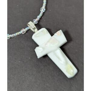 Dichroic cross pendant Handmade 16" Beaded chain 2" pendant drop Aurora beads